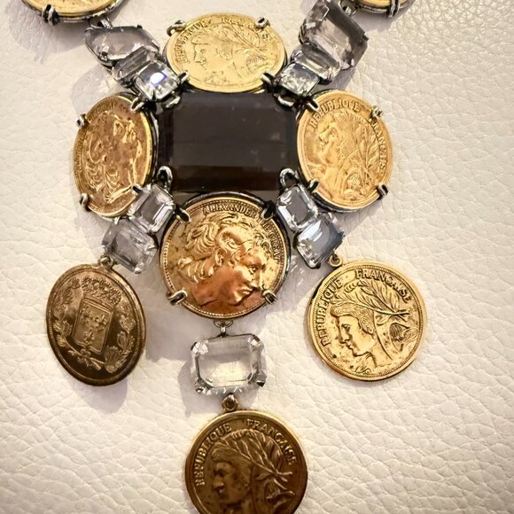 VINTAGE IRADJ MOINI COIN NECKLACE BROOCH ANTIQUE GOLD PLATED SMOKY QUARTZ - Picture 5 of 9